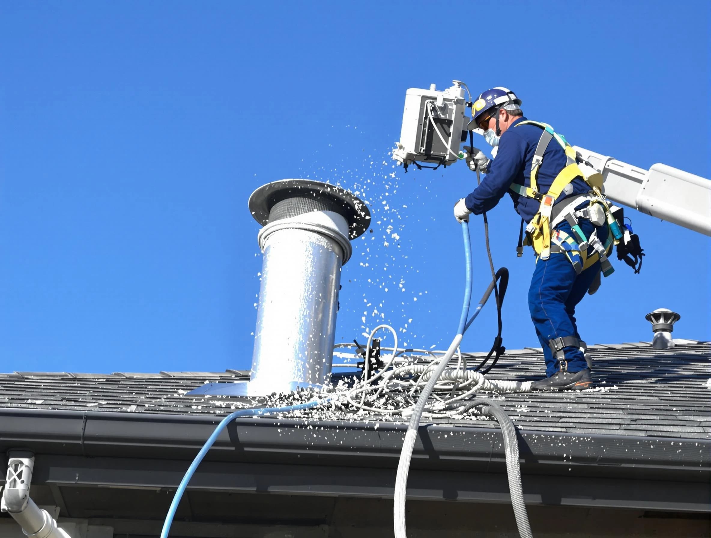 Cherry Hills Village Dryer Vent Cleaning certified technician safely cleaning a roof-mounted dryer vent in Cherry Hills Village