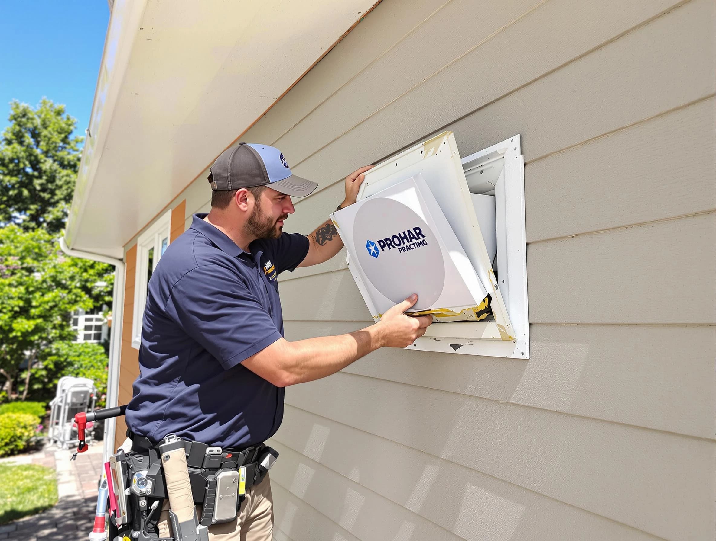 Cherry Hills Village Dryer Vent Cleaning technician installing a new protective dryer vent cover on a home in Cherry Hills Village
